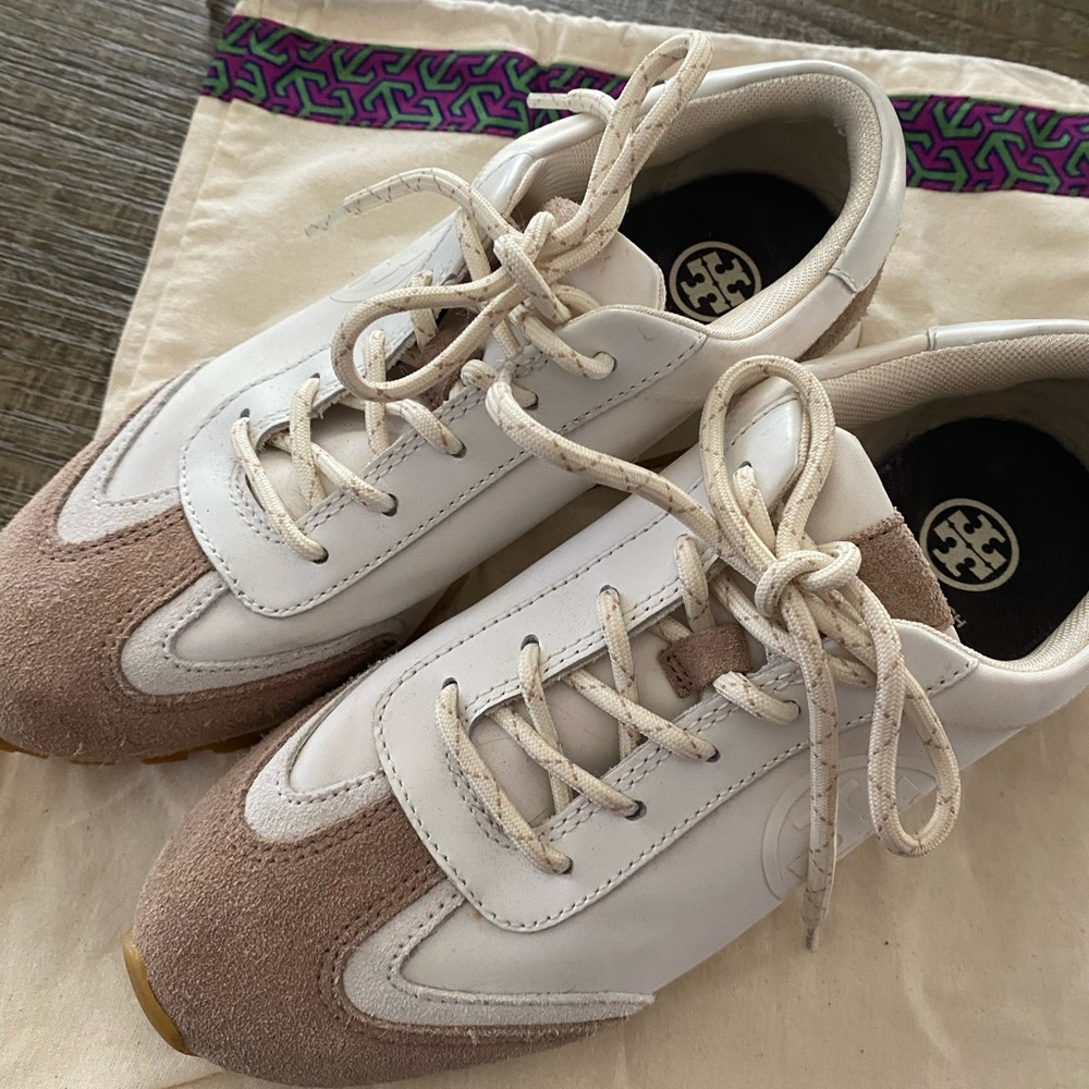 Tory Burch White and Tan Lace-Up Sneakers